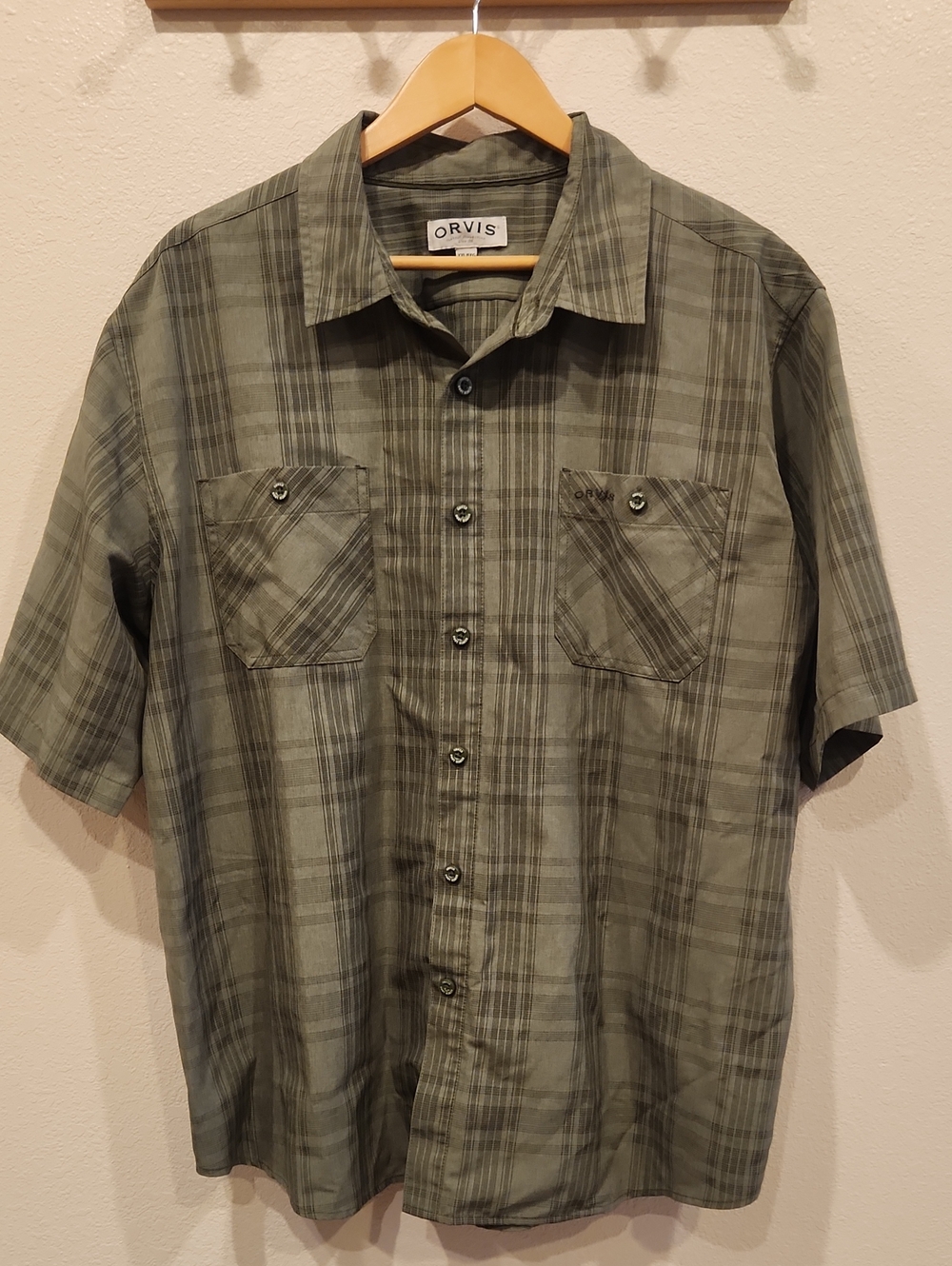 Orvis Classic Collection Men's XXL Short Sleeve Button Down Shirt Olive Plaid